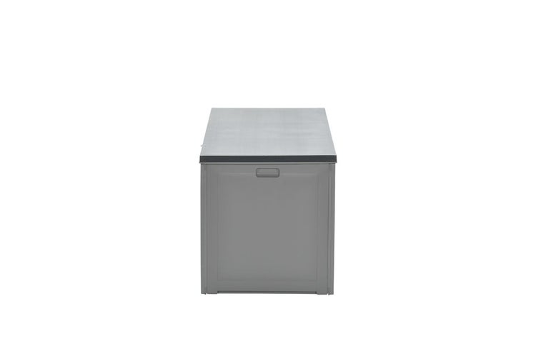 Seitenansicht einer rechteckigen grauen Gartenbox aus Metall.