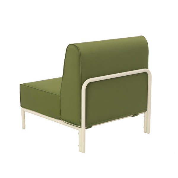 Lounge-Sessel mit Polster in Grün und Metallgestell in Beige, Rückansicht.