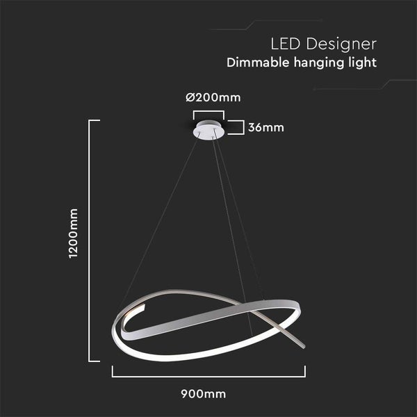 Abbildung einer dimmbaren LED Designer Hängeleuchte mit den Maßen 1200 mm Höhe und 900 mm Breite.