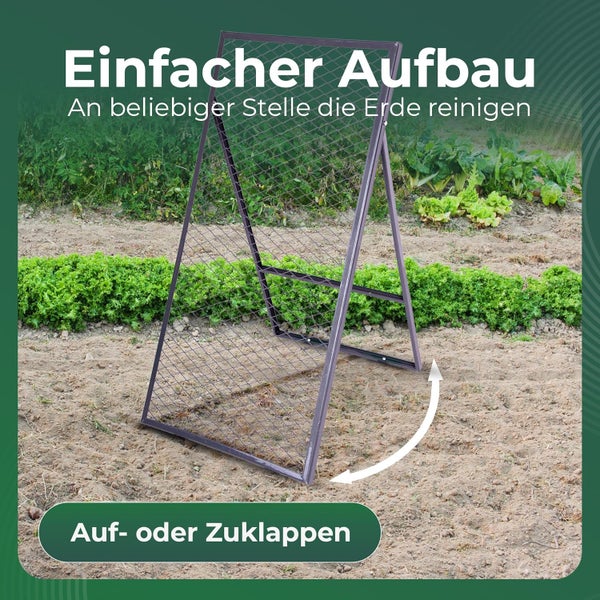 Klappbares Durchwurfsieb aus Metall für Erde, stehend in einem Garten mit grafischem Hinweis auf einfachen Klappmechanismus.