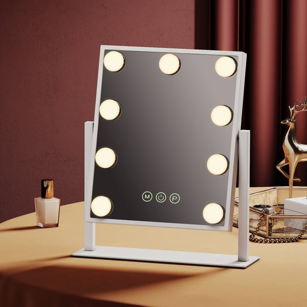 EMKE Hollywood Schminkspiegel mit Beleuchtung, 360° drehbar, 9 dimmbare LED-Lampen, 3 Lichtfarben, Touch-Schalter mit Speicherfunktion, 7x Vergrößerung, Weiß, 360×305×85 mm