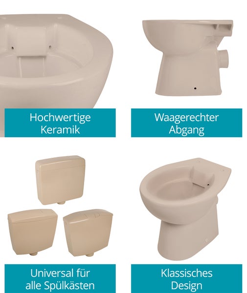 Calmwaters Stand WC spülrandlos in Beige-Bahamabeige, Tiefspüler mit Abgang waagerecht, hygienische Toilette ohne Spülrand, bodenstehendes WC aus Sanitärkeramik in Beige, 39 cm Höhe, 07AB6143