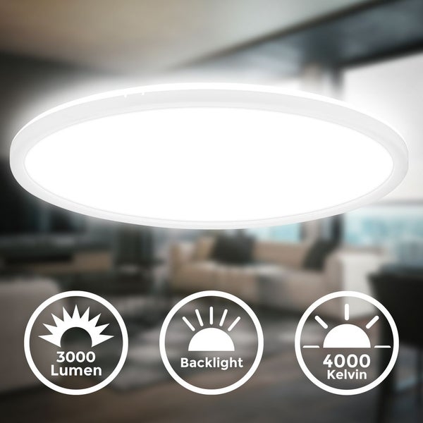 Runde LED Deckenleuchte mit 3000 Lumen, Hintergrundbeleuchtung und 4000 Kelvin.