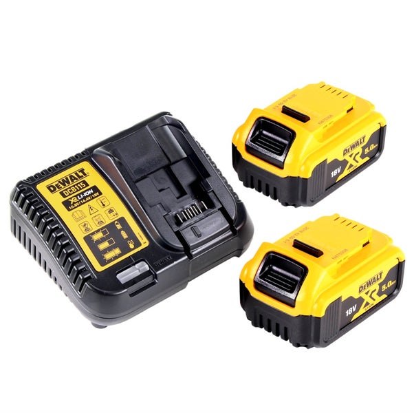 DeWalt Akku-Starter-Kit bestehend aus einem Ladegerät DCB115 und zwei 18 Volt XR Lithium-Ionen-Akkus mit 5,0 Amperestunden.