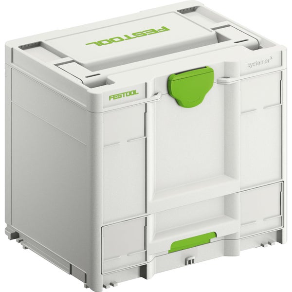 Festool Systainer3 Werkzeugkoffer aus Kunststoff mit Tragegriff und grünem Verschluss.