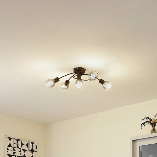 Deckenleuchte mit fünf Leuchten und transparenten Glaskolben