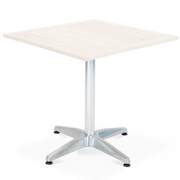 Quadratischer Bistrotisch mit Tischplatte in Holzoptik und einem Mittelfuß aus Metall mit vier Ausläufern.