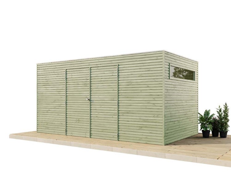 Alpholz Gerätehaus QB (optional mit Schleppdach Gartenhaus aus Holz in Grün, Holzhaus mit 28 mm Wandstärke inklusive Schleppdach, Blockbohlenhaus mit Montagematerial imprägniert