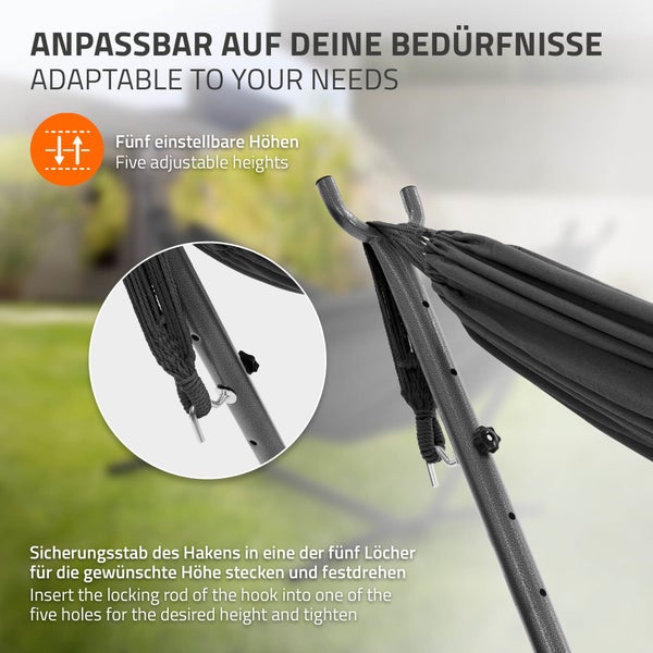 ML-Design Doppel Hängematte mit Stahlgestell, Dunkelgrau, Platz für 2 Personen, Indoor & Outdoor, XXL Hängesessel mit Tragetasche, Hängemattengestell, Doppelhängematte mit Ständer, für Garten & Balkon