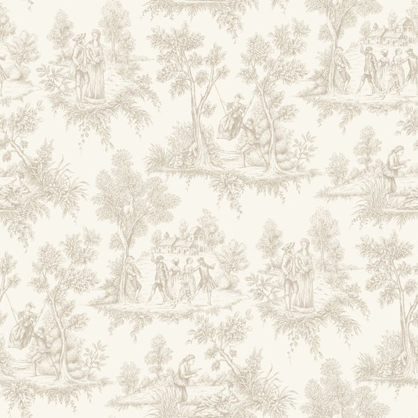 Vliestapete mit Toile-de-Jouy-Muster, historische Szenen mit Personen in Naturlandschaft.