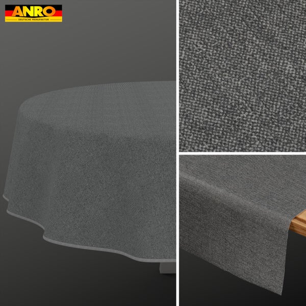 ANRO Deutsche Manufaktur Logo. Tischdecke mit Leinenstruktur und Paspelrand, Gesamtansicht und Detailansicht der Gewebestruktur.