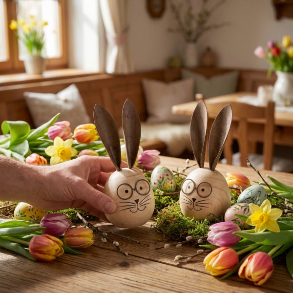 Zwei handgefertigte hölzerne Osterhasen mit Brillenmotiv und Löffelohren stehen als Frühlingsdekoration mit Blumen auf einem Holztisch.