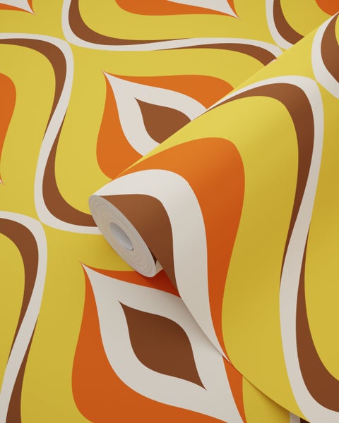 Tapetenrolle mit Retro Muster in Gelb, Braun und Orange