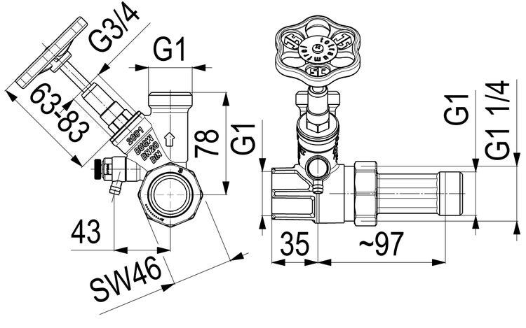 Technische Zeichnung eines Absperrventils mit Handrad, Maßangaben und Gewindegrößen G 1, G 3/4 und G 1 1/4 in Millimetern.