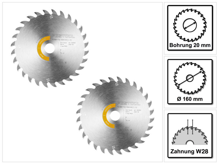Festool Kreissägeblatt Wood Universal HW 160 x 1,8 x 20 W28 2 Stk. ( 2x 205551 ) für Tauchsägen TS 55 F, TSC 55 K & Handkreissägen HK 55, HKC 55