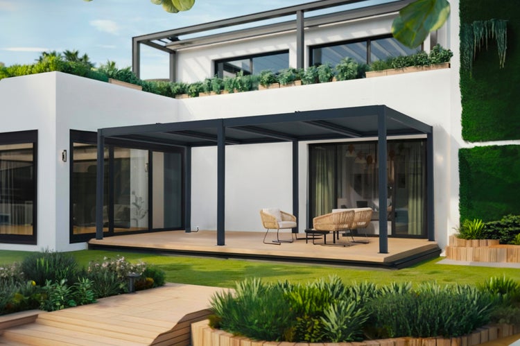 Pergola bioklimatisch aus graue Aluminium SANTA 6x3m - elektrisch verstellbares Lamellendach