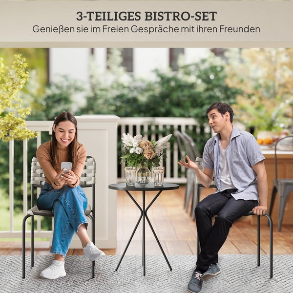 Outsunny Polyrattan Gartenmöbel Set, Outdoor Lounge Balkonmöbel für 2 Personen, 3-teilig Sitzgruppe mit 2 Stapelbare Stühle, Tisch, wetterfest Gartenlounge für Garten, Terrasse Balkon, Grau