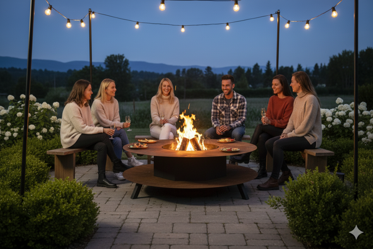 Gruppe von Personen sitzt um eine Feuerstelle auf einer Terrasse unter einer Lichterkette