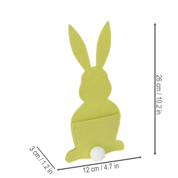 Dekorativer Osterhase aus Filz mit Tasche und den Maßen 26 cm Höhe, 12 cm Breite und 3 cm Tiefe.