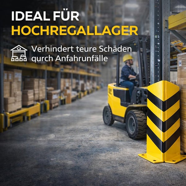 Rammschutz für Hochregallager in einem Lagerhaus mit Gabelstapler zur Vermeidung von Anfahrschäden.
