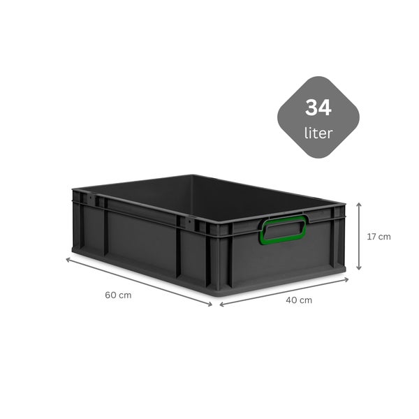 PROREGAL SparSet 10x Eurobox NextGen Color mit Auflagedeckel und Schiebeschnappverschlüsse, HxBxT 17x40x60cm, 34 Liter, Schwarz, Griffe grün geschlossen, Eurobehälter, Transportbox, Transportbehälter, Stapelbehälter