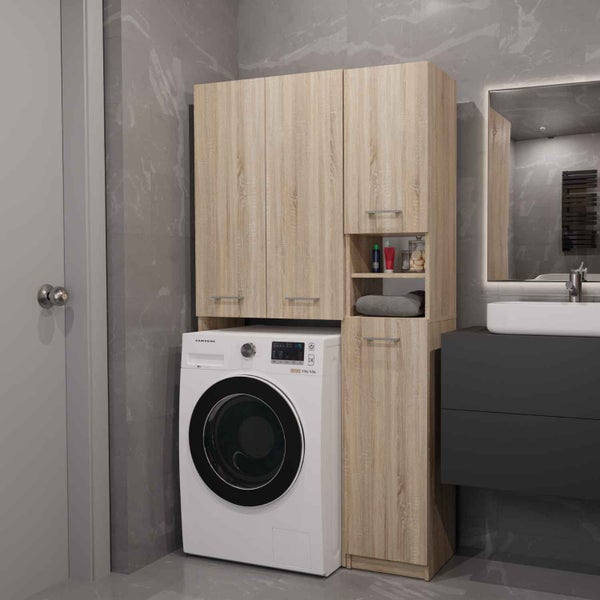 Helles Badezimmer mit Waschmaschine und Waschtischunterschrank