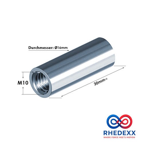 Zylindrische Metallmuffe mit M10 Innengewinde, Durchmesser 16 Millimeter, Länge 30 Millimeter und RHEDEXX Logo.