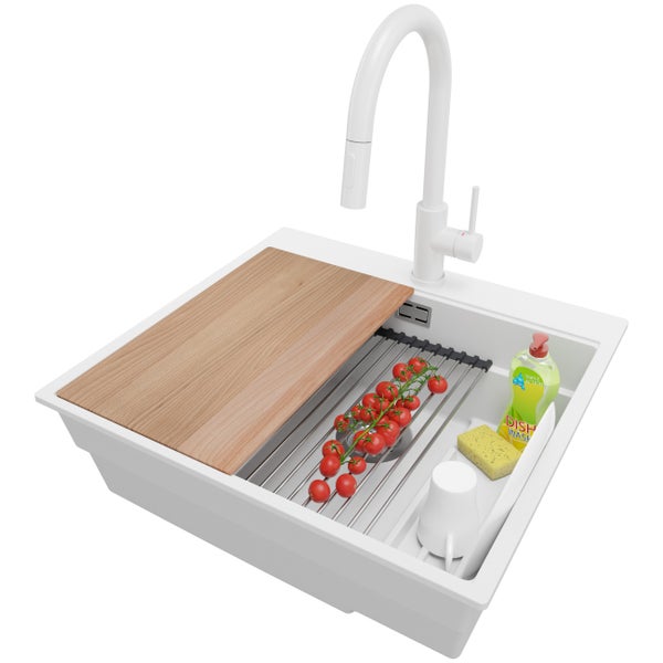 PRIMAGRAN Granitspüle Weiß 58x53cm, Spülbecken 1 Becken + Küchenarmatur 40x20cm + Ablauf-Set + Küchenzubehörset, Küchenspüle ab 60er Unterschrank - Oslo Max