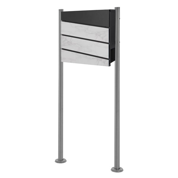 ECD Germany Standbriefkasten mit Zeitungsfach, Design Briefkasten mit Pfosten, Briefkastenanlage, Briefkastenständer Silber metallic 120 cm aus Edelstahl, Postkasten Anthrazit-Marmoroptik aus Stahl