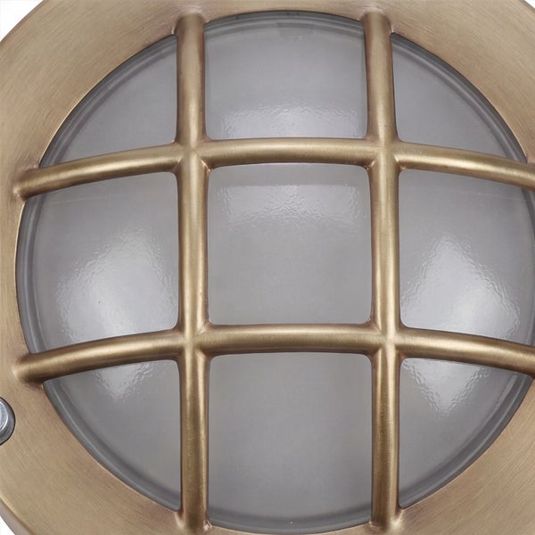 Runde Außenleuchte in Bullaugen Optik mit Metallgitter und mattem Glas