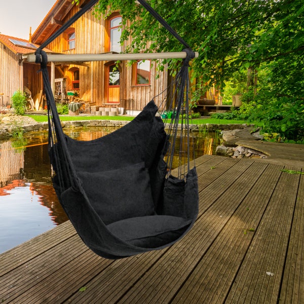 ECD Germany Hängesessel mit 2 Kissen - aus Baumwolle - Hartholz Querstab - Belastbar bis 120kg - Anthrazit - Indoor/Outdoor - Hängestuhl Hängesitz Hängeschaukel Hängematte Hängekorb Schaukelstuhl Sitz