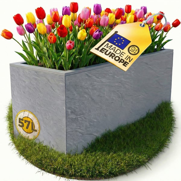 Grauer Pflanzkübel in Steinoptik mit bunten Tulpen, Fassungsvermögen 57 Liter, hergestellt in Europa.