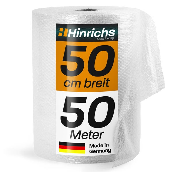 Rolle Hinrichs Luftpolsterfolie, 50 Zentimeter breit und 50 Meter lang, hergestellt in Deutschland.