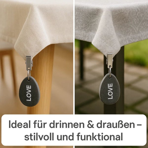 Tischdeckengewichte mit Clip aus Metall und Stein in Tropfenform mit Aufschrift Love für drinnen und draußen.