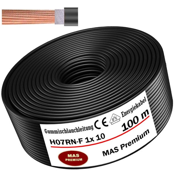 Gummischlauchleitung H07RN-F 1 mal 10 Quadratmillimeter, 100 Meter, MAS Premium Energiekabel mit Kupferkern im Querschnitt, MAS Premium Logo.