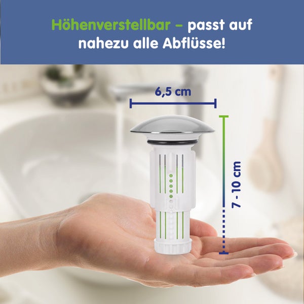 Höhenverstellbarer Waschbeckenstöpsel für fast alle Abflüsse, Durchmesser 6,5 Zentimeter, Höhe 7 bis 10 Zentimeter.