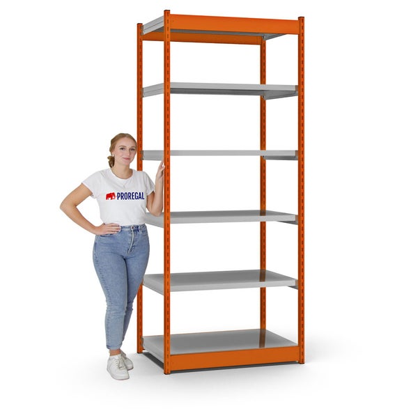 PROREGAL Fachbodenregal Stecksystem Vierkant-Profil Grundregal HxBxT 250 x 102,5 x 60 cm 6 Ebenen Einseitige Bauart Fachlast 200 kg Orange