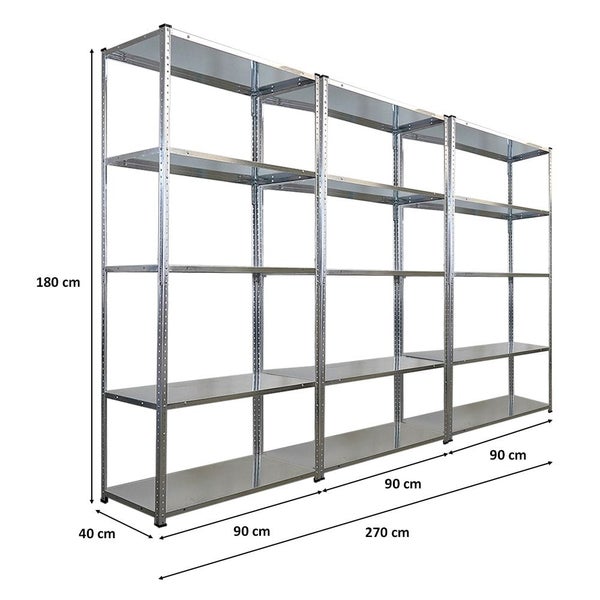 Drei silberfarbene Metallregale mit den Maßen 180 cm Höhe, 270 cm Breite und 40 cm Tiefe.