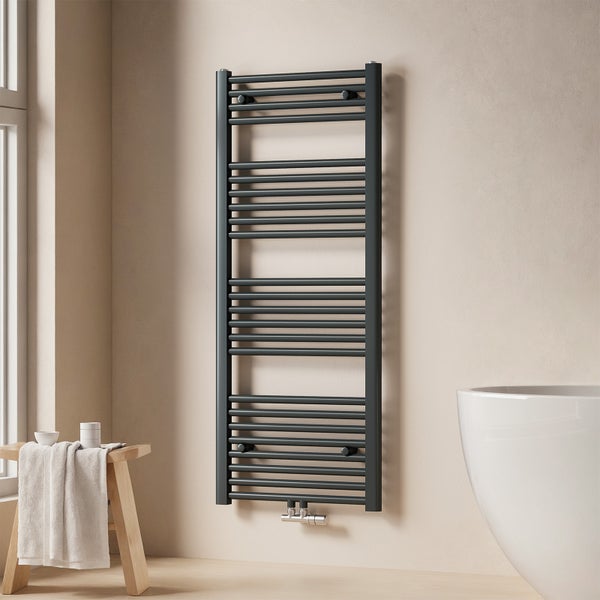 EMKE Badheizkörper Handtuchheizkörper 120x50 cm, Wasserbetrieb, Mittelanschluss, 513W, Rundrohr-Design, Anthrazit, für Badezimmer
