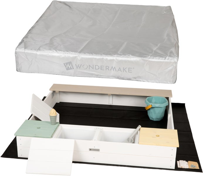 WONDERMAKE® Design Sandkasten mit Matschküche, Abdeckung OXFORD 420D, Vliesfolie, Sandkiste Holz quadratisch verschließbar Outdoor Garten für Kinder, weiß bunt