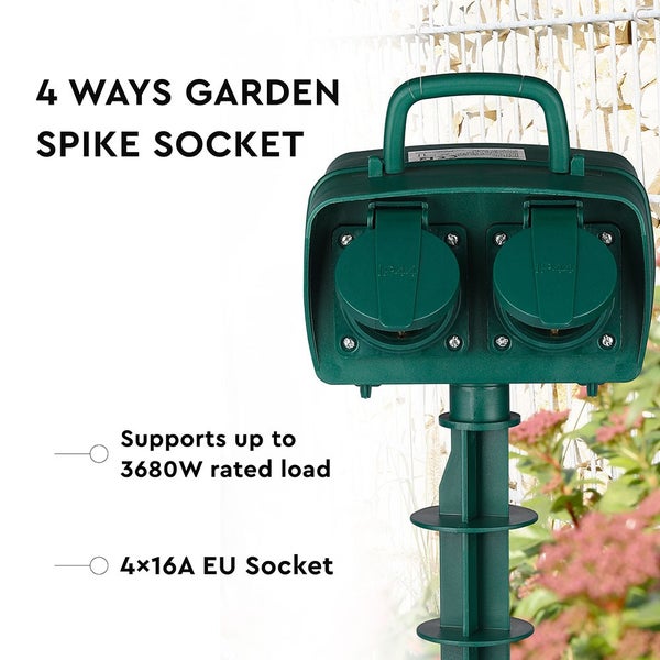 V-TAC VT-1114-3 - 4-Wege-Gartensteckdosen - Grün - IP44 - 3m Kabel - Garden Spike