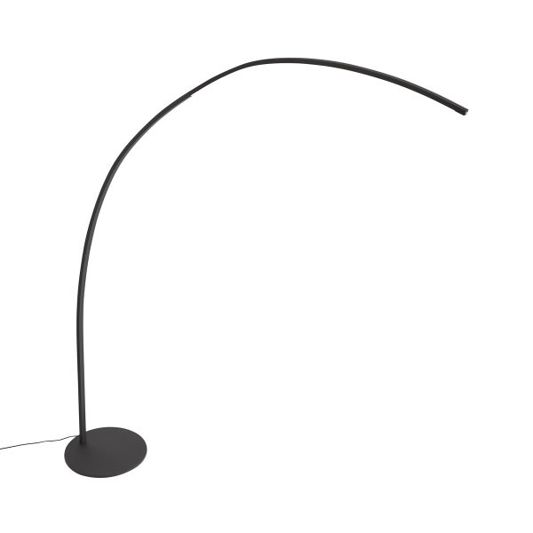Schwarze LED-Bogenlampe aus Metall mit rundem Standfuß und minimalistischem Design.
