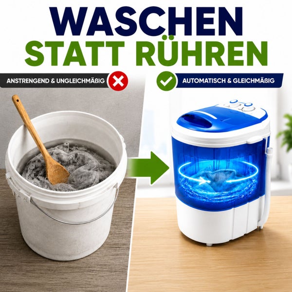 Vergleich von manuellem Waschen in einem Eimer mit Holzlöffel gegenüber automatischem und gleichmäßigem Waschen in einer Mini-Waschmaschine.