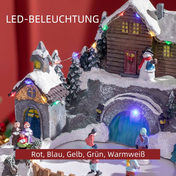 HOMCOM Weihnachtsdorf Tischdeko mit LED-Leuchtung Weihnachtsdeko Schlittschuhbahn Motiv mit beweglichen Kinder Weihnachten Village Winterlandschaft 32 x 25,5 x 24 cm