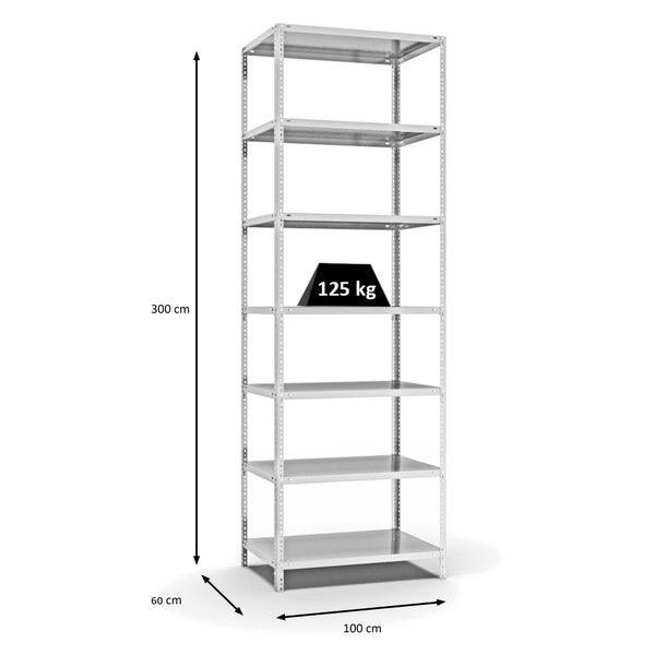 PROREGAL Fachbodenregal Schraubsystem Light-Duty Grundregal HxBxT 300 x 100 x 60 cm 7 Ebenen Fachlast 125 kg Beidseitig Nutzbar Lichtgrau