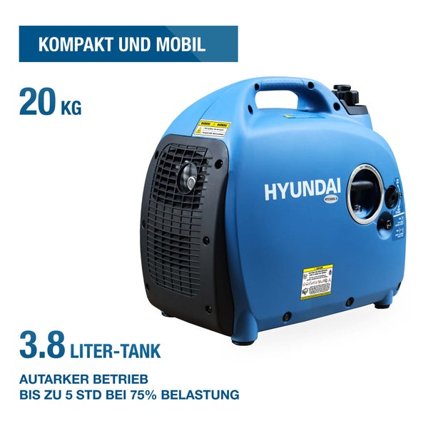 Blauer Hyundai Inverter-Stromerzeuger HY2300Si D, Gewicht 20 Kilogramm, 3,8 Liter Tank, bis zu 5 Stunden Laufzeit bei 75 Prozent Last.