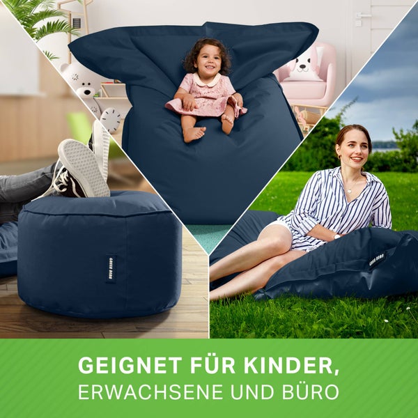 Green Bean 2er Set XXL Sitzsack inkl. Pouf fertig befüllt mit EPS-Perlen - Riesensitzsack 140x180 Lounge Sitz-Kissen Bean-Bag Chair  - Dunkelblau