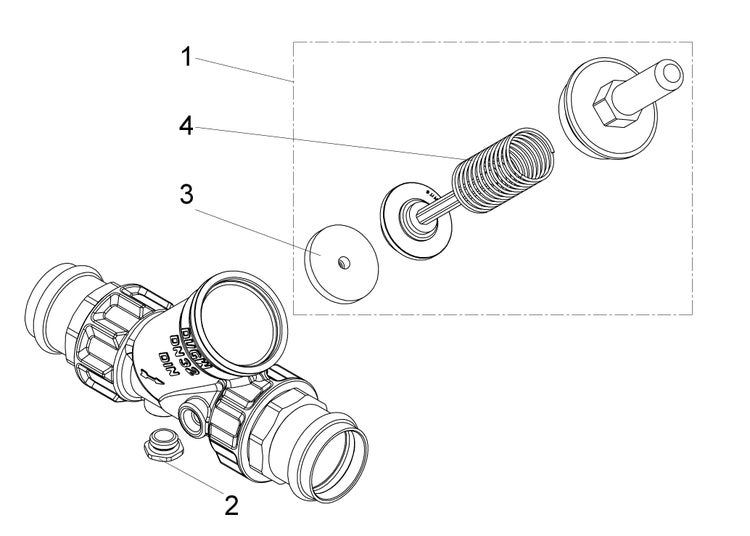 Technische Zeichnung eines Rohrleitungsventils mit nummerierten Ersatzteilen wie Feder, Dichtung und Gehäuse.