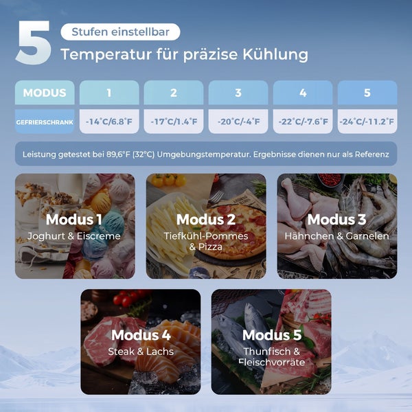 Grafik zur 5 Stufen Temperatureinstellung bei Gefrierschränken mit Anwendungsbeispielen für Lebensmittel in den verschiedenen Kältestufen.