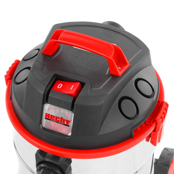 Nahaufnahme der Oberseite eines Hecht Nass-Trockensaugers mit rotem Tragegriff, rotem Ein-Aus-Schalter und Hecht Power Tools Logo.